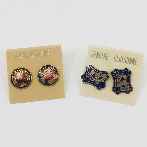 Vintage Set of 2 Two Genuine Cloisonne Enamel Push Back Earrings - Blue Pink Green Flowers w/ Borders Round Circle Rectangle Gift for Her