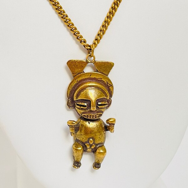 Vintage Alva S Studios Mayan Aztec Figurine Dark Gold tone Locket Pendant Necklace Chain Link - Reproduction Mexico Indigenous Sculpture