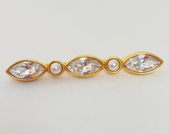 Vintage SAL Swarovski Swan Large Gold tone Cabochon Bar Brooch Pin - Marquis Cut White Clear Crystal Faux PearlDesigner Gift for Her