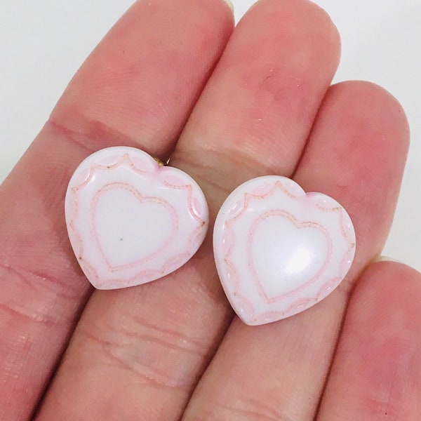 Vintage Cottagecore Medium White Heart w/ Baby Light Pink Border Trim Frills Clip-on Earrings Dainty Valentine's Day Holiday Gift for Her