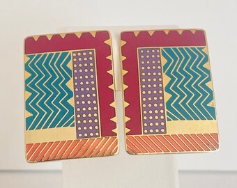 Vintage Laurel Burch "Lindsay" Lindsay Rectangle Gold tone Earrings Clip Ons Geometric Dots Zig Zag Purple Blue Magenta Orange Mod Retro