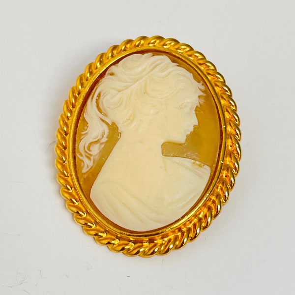 Vintage Carolee Cameo Lady Woman Gold Tone Pink Brooch - Large w/ Gold Border Victorian Oval Round Bright Shiny Elegant Classic Chic