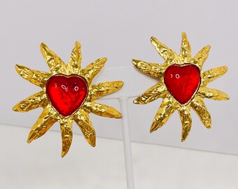 Vintage Edouard Rambaud Gripoix Heart w/ Gold Sunburst Clip-on Earrings - Scarlet Red Glass Etruscan Revival Sun