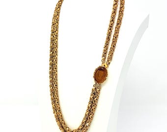 Vintage Intaglio Cameo Gold Victorian Revival Necklace - Two Dual Strand Intricate Chain - Brown Taupe Gem Stone