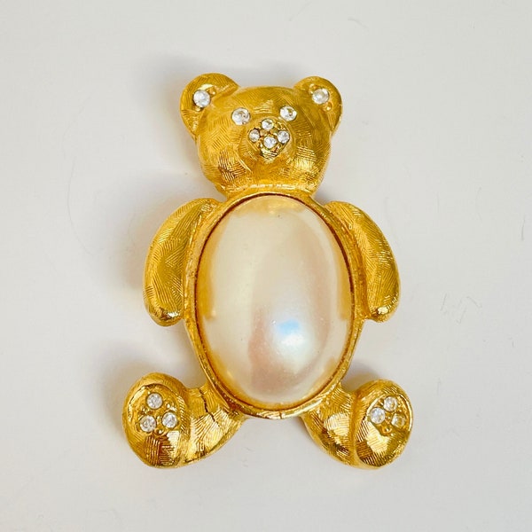 Vintage Richelieu Gold Tone Teddy Bear Brooch Pin - Crystal White Clear Rhinestones Large Oval Faux Pearl Heavy Sturdy Animal Cute