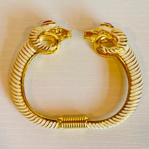 Vintage KJL Kenneth Jay Lane Double Ram Head w/ Red Gem White Enamel Gold tone Bangle Cuff Bracelet Hinge Stripes Jungle Animal Gift for Her
