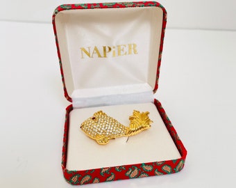 vintage Napier NOS strass incrusté de broche poisson koi - pierres de cristal clair ton doré - grand brillant brillant - oriental asiatique