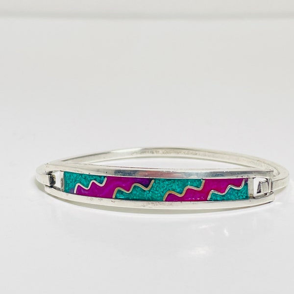 Vintage Taxco TR-21 Signed Sterling Silver Hinged Bangle Bracelet 925 Turquoise Blue Teal Aqua Purple Enamel Inlay Mexico Arturo Ortega