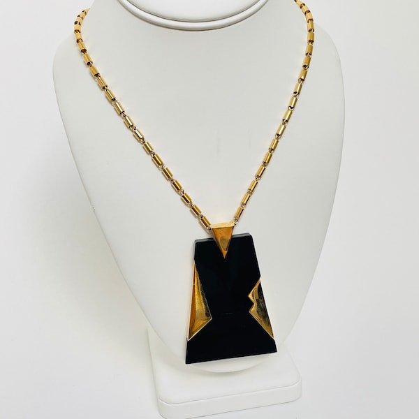 Vintage NOS Trifari Gold Tone Black Lucite Modernist Necklace Pendant - Large Heavy Chain Link Geometric Angular New Old Stock Art Deco