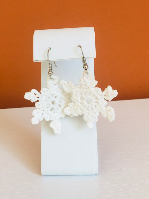 Vintage Large Handmade White Fabric Snowflake Ear… - image 2