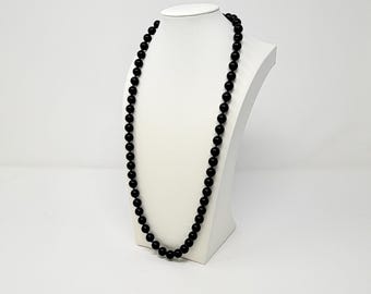 Vintage 14k Gold Verschluss Jet Schwarz Perlen Halskette - Obsidian Turmalin Jade - Handgeknüpft - Kugel Kugel Perlen Stein - Lang Groß Schwer