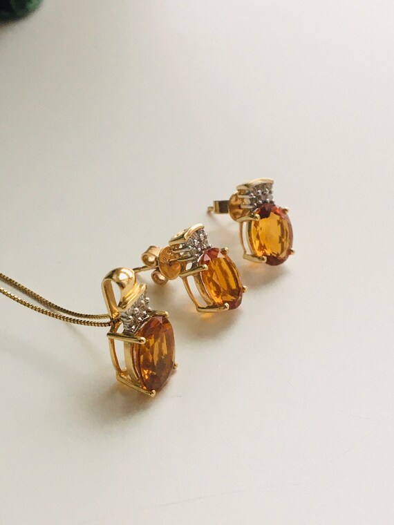 14k Gold Diamond Citrine 18" Necklace Earrings Se… - image 3