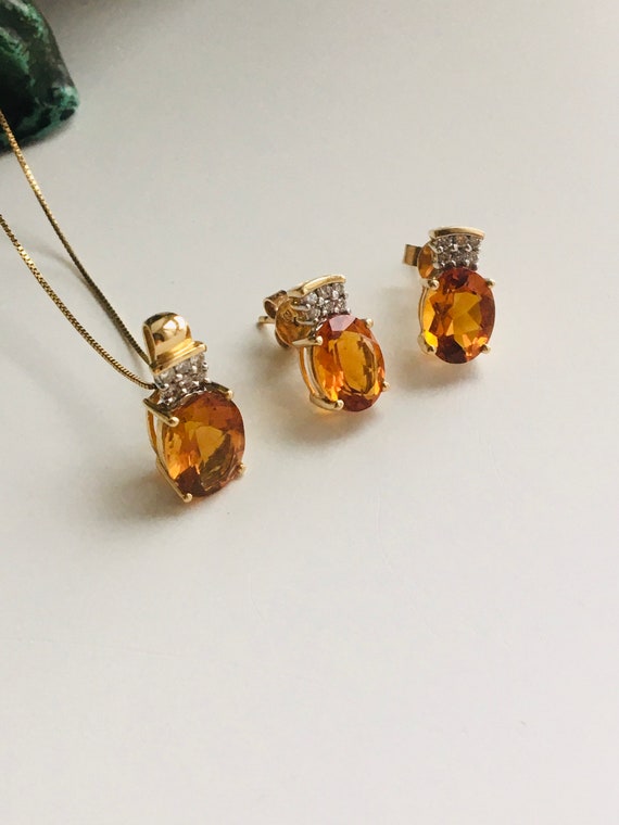 14k Gold Diamond Citrine 18" Necklace Earrings Se… - image 10