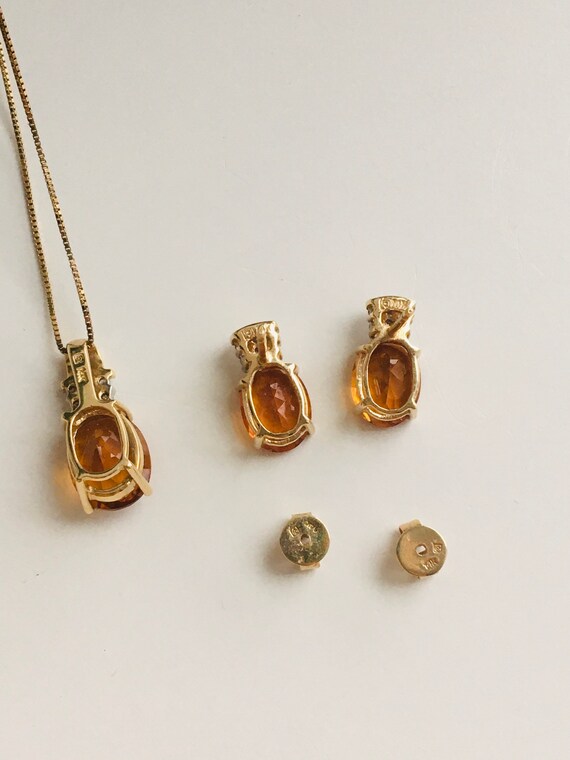 14k Gold Diamond Citrine 18" Necklace Earrings Se… - image 5