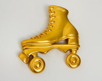 Vintage Anne Klein AK Brushed Matte Gold Brooch Rollerskates - Roller Derby Skates Blades Retro Funky Action Sports Smooth Glossy Bright