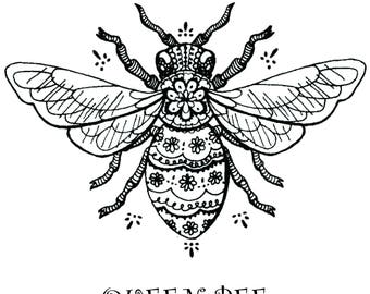 PRINTABLE Queen Bee Artwork; digital download for Tattoo, Iron-On, Cross-Stitch, Coloring Contest, Bee Yard Sign, DIY Bookmark