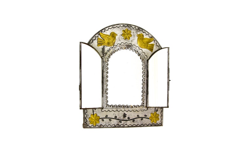 Mexican Tin Mirror With Brass Accents Triptych Mexico