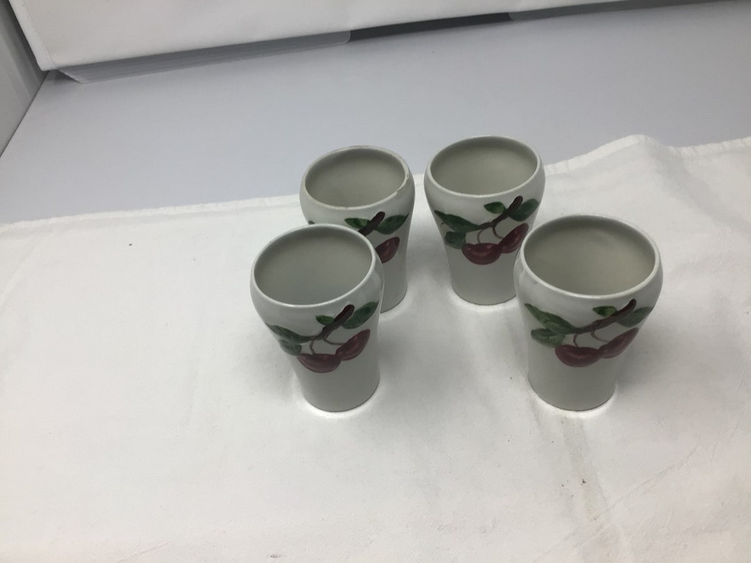 Orchard Ware Hand Painted Cherry Pattern Pottery Juice Glasses Set of 4