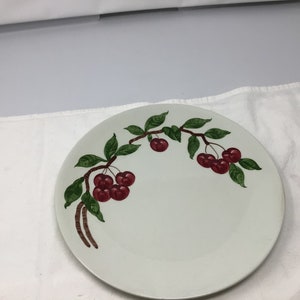 May include: White ceramic plate with a green cherry branch design. The branch has red cherries and green leaves.