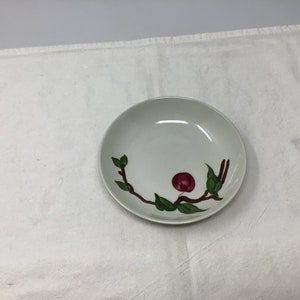 May include: A white ceramic bowl with a red apple and green leaves design.