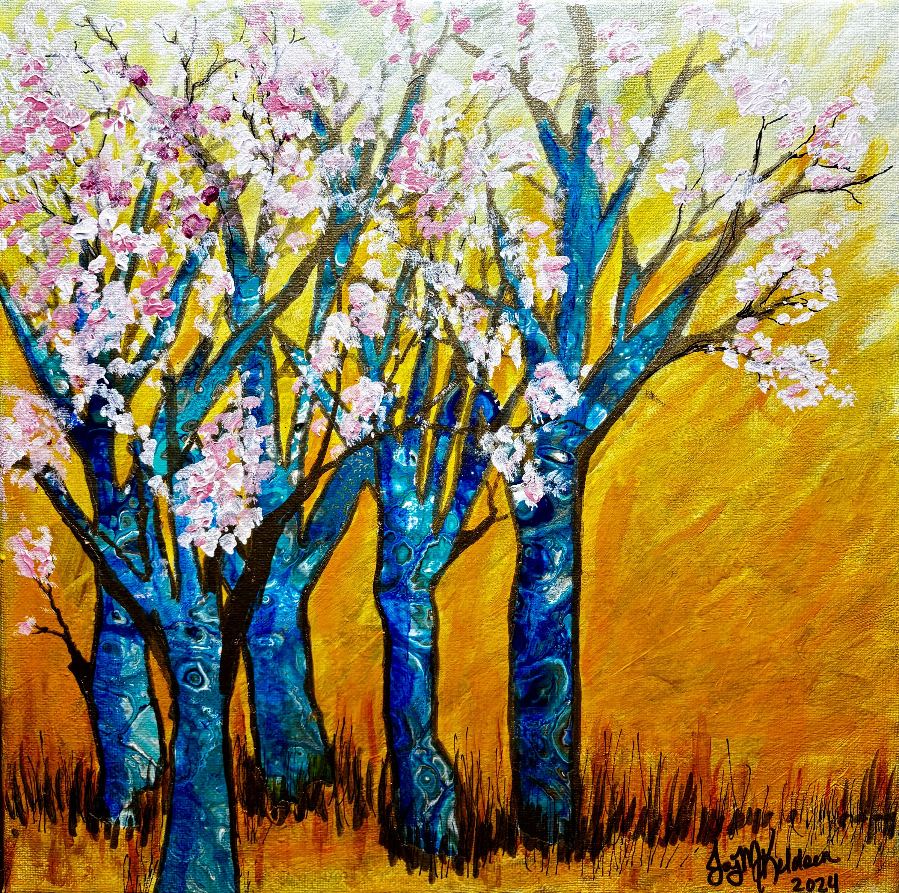 絵画 Acrylic painting A3 Cherry Trees Painting: 12x12 Acrylic Pour Art by Joy Keldsen - Etsy
