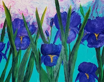 Irises by Joy Keldsen, Original fine art, abstract landscape, surrealism, modern art, large artwork, flower painting, garden art