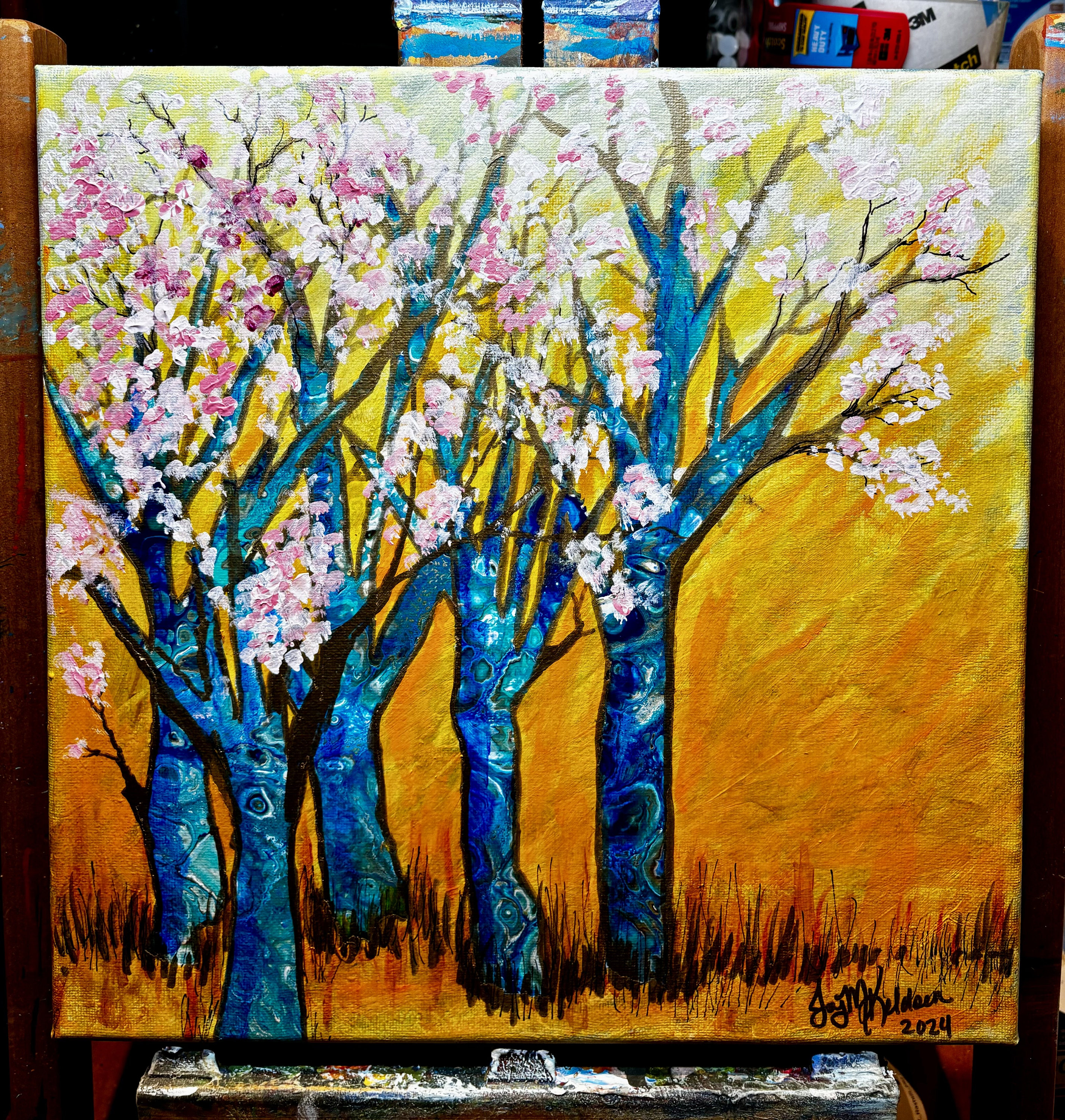 Cherry Trees Painting: 12x12 Acrylic Pour Art by Joy Keldsen - Etsy