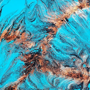 Original Pour Painting: 20x20 Abstract Flow Art, Blue & Copper Accent
