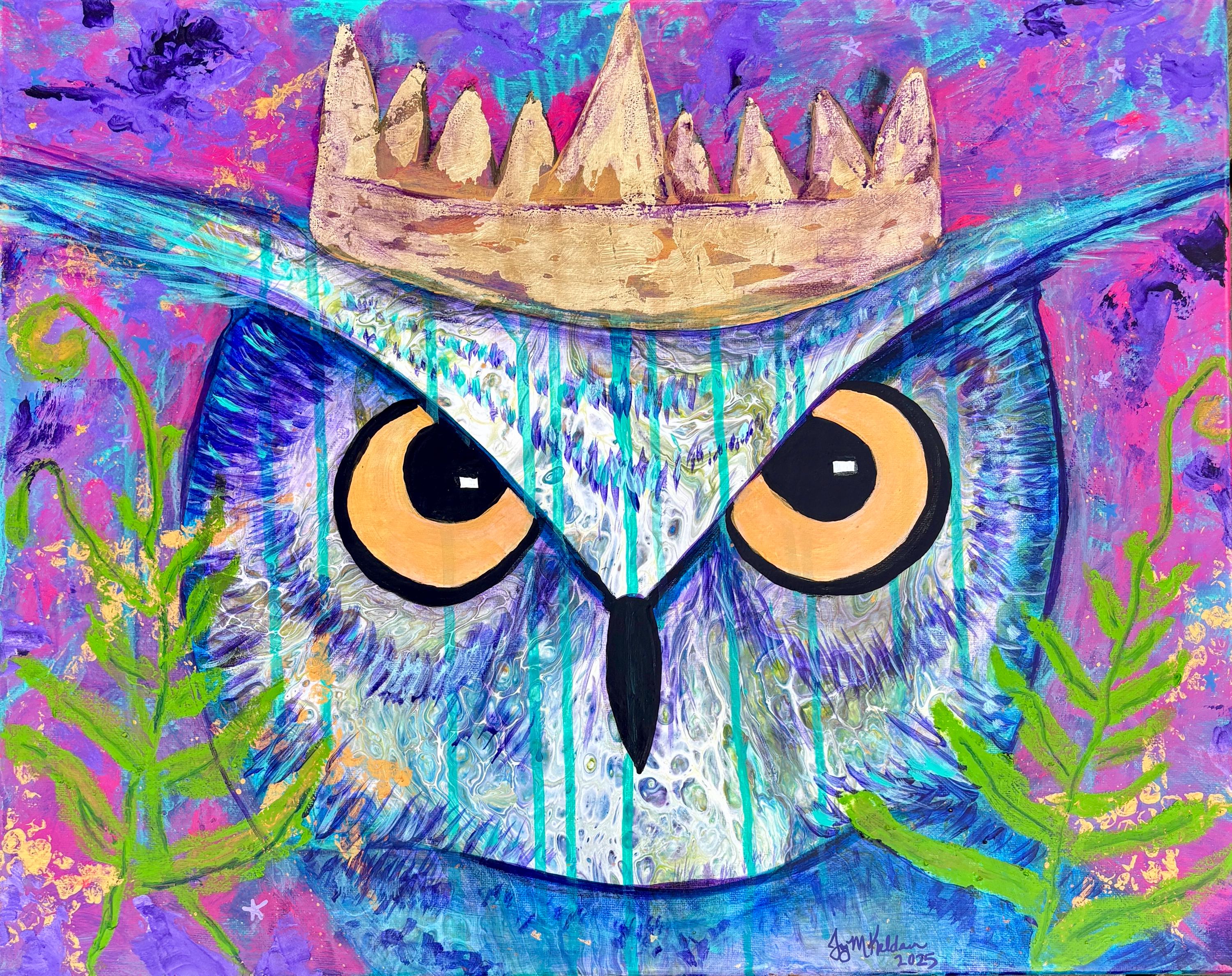 Owl Queen Mixed Media Art: Embellished Pour Painting on 16x20 Canvas