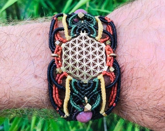 Flower of Life Macrame Bracelet, Shungite Rhodonite Crystals