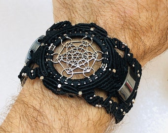 Black Metatron's Cube Stanless Steel Sacred Geometry Watch bracelet macrame ,  Meditation Watch