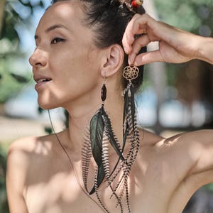 May include: Long, dangling earrings featuring black and white feathers, a dark brown bead, and a gold-colored geometric charm. The earrings are worn by a person with dark hair and a black strapless top. The background is blurred.