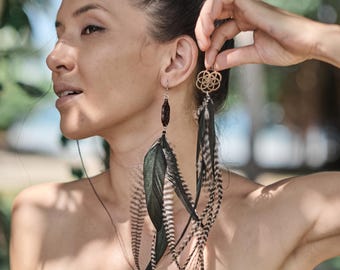 Seed of Life Wooden Extra Long Grizzly Feathers Earrings "Ying" Boho Yoga Jewelry