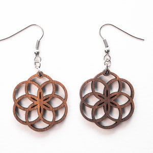 Yoga Lotus Earrings, hook on a leaf, Wooden earings, Seed of Life, Sacred Geometry Wood Jewelry, Bohemian earrings