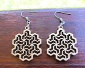 Gold Wood dangle earrings, Fractal earrings, Math jewelry, Science jewelry not Snowflake earrings, but Flowsnake earrings, Bohemian earrings