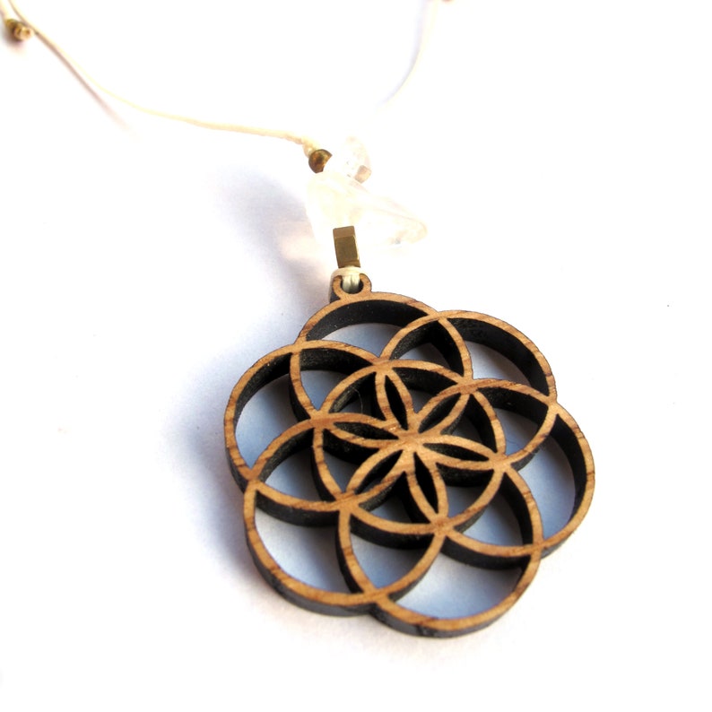 Bohemian Jewelry Wooden Pendant Seed of Life Symbol The heart of Flower Of Life Sacred Geometry Jewelry Laser Cut Pendat with Quartz
