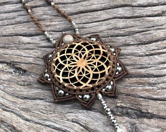 Handmade Oak Torus Pendant: Macrame Knotwork, Garnet and Jasper Stones