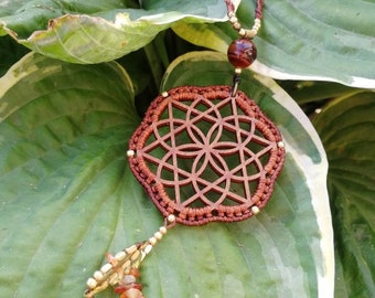 Merkaba Star Wood Necklace, Long Boho necklace, Sacred Geometry jewelry, Laser Cut Pendant with handmade macrame cord.