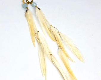 Ivory Feather Earrings – Long Boho Earrings with Soft Cream Feathers, Handmade Bohemian Jewelry