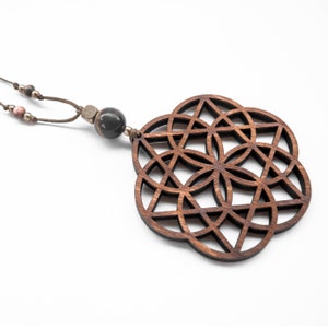 Pendentif Graine de vie + Merkaba - Bijoux de la géométrie sacrée - Pendentif en bois avec cordon en cuir - Pendentif découpé au laser - Style hippie - Style Goa