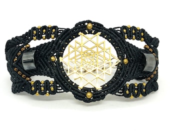 Sri Yantra Macrame Bracelet, Shungite Hematite Crystals, Sacred Geometry Watch