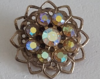 vintage AB Rhinestone Button Brooch, Flower Brooch, Sparkly Embellishment, Tiny Cute Dainty Accessoire Pin, Lapel Collar Cuff, Birthday Gift
