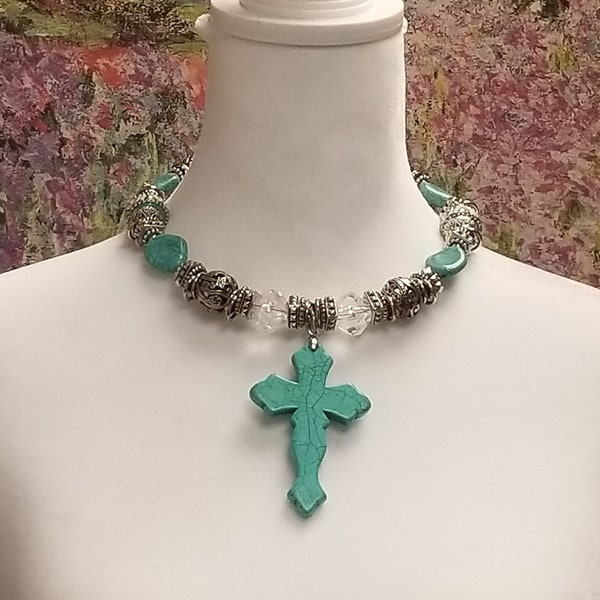 Turquoise Cross Pendant Necklace/Statement Necklace/Chunky Beaded Jewelry/Bling Jewelry/Womens Jewelry/Spiritual Religious Costume Jewelry