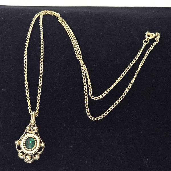 Signed Avon 1970's Vintage Versailles Pendant Necklace, Victorian Revival, Emerald Green Faux Pearl, Gold Tone Chain, Hallmark Collection