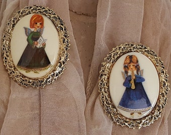 Set of Cameo Angels, Christmas Holiday Children, Victorian Porcelain Girl Brooch Pin, Antique Portrait, Gift For Girl, Ceramic Cameo Style