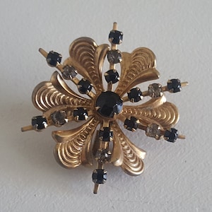 Flower Pendant, Flower Brooch, Textured Gold Floral, Black Flower, Black Rhinestones, Dimensional Flower, Mourning Grief, Charm Jewelry image 1