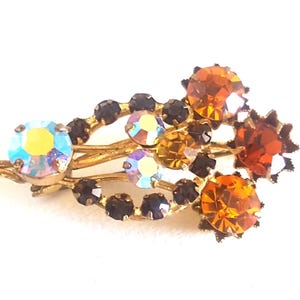 Vintage Flower Spray Brooch, Orange Fall Flowers, Aurora Borealis Brooch Pin, Prong Set, Golden Autumn Flowers,Summer Bouquet,Hat Lapel Coat