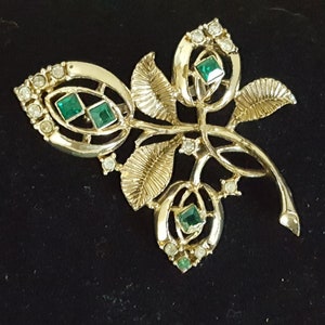Golden Flower Brooch, Emerald Green Rhinestones, Antique Vintage Floral Pin, Petal Leaf Flower, Fashion Costume Jewelry, Gift For Her, Mom