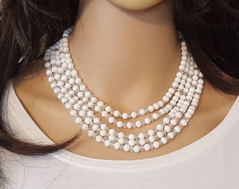 Collar blanco de múltiples hilos/Collar de cuentas blancas/Collar vintage japonés/Collar llamativo/Collar de boda/Joyería vintage de los años 60