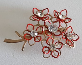 Vintage Gold Tone Flower Bouquet Brooch - 1960 Vintage Gold and Red Flower Rhinestone Pin - Rhinestone Bouquet Pin - Fashion Costume Jewelry